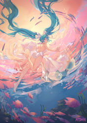 Rule 34 | 1girl, absurdly long hair, aqua eyes, aqua hair, artist name, atdan, barefoot, dress, fish, floating hair, full body, hair ribbon, hatsune miku, highres, long hair, outstretched arms, ribbon, solo, spread arms, submerged, twintails, underwater, very long hair, vocaloid, white dress
