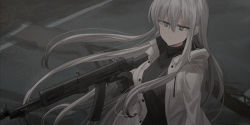 Rule 34 | 1girl, absurdres, an-94, assault rifle, black gloves, black sweater, breasts, chihuri, closed mouth, commentary request, ear piercing, earrings, floating hair, gloves, grey eyes, grey hair, gun, hair between eyes, highres, holding, holding gun, holding weapon, jacket, jewelry, long hair, long sleeves, looking away, medium breasts, open clothes, open jacket, original, piercing, ribbed sweater, rifle, solo, stud earrings, sweater, turtleneck, turtleneck sweater, very long hair, weapon, white jacket, zoya petrovna vecheslova