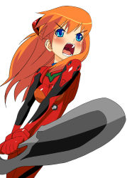 Rule 34 | 1girl, angry, blue eyes, blush, colored eyelashes, cowboy shot, double-blade, from side, legs together, long hair, neon genesis evangelion, open mouth, orange hair, plugsuit, red hair, shouting, simple background, skin tight, solo, souryuu asuka langley, standing, sugaishi, sugaishi (unbr), v-shaped eyebrows, white background