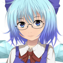 Rule 34 | 1girl, bad id, bad pixiv id, bespectacled, blue eyes, blue hair, bow, cirno, female focus, glasses, hair bow, highres, kinakomoti, matching hair/eyes, short hair, simple background, smile, solo, touhou, white background, wings