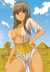 Rule 34 | 1girl, ancient egypt, bad id, bad pixiv id, black hair, blunt bangs, breasts, brown hair, cloud, covered erect nipples, dark-skinned female, dark skin, darusim, day, desert, egyptian, eyebrows, eyeliner, eyes visible through hair, facing viewer, gold, great pyramid of giza, hairband, hand on own hip, hime cut, hip focus, jewelry, long hair, looking at viewer, makeup, medium breasts, necklace, no bra, open clothes, open robe, outdoors, purple eyes, pyramid, pyramid (structure), revealing clothes, robe, see-through, sky, smile, solo, sphinx, sphinx of giza, tan, tarushimu