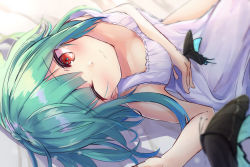 1girl alternate_costume blurry_foreground blush breasts bug butterfly green_hair highres hololive bug kurohikage lingerie looking_at_viewer lying negligee on_back one_eye_closed red_eyes short_hair small_breasts smile solo underwear uruha_rushia virtual_youtuber