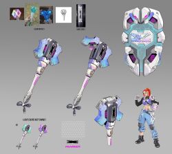 Rule 34 | 1girl, bb brigitte, black footwear, black sleeves, blue pants, brigitte (overwatch), closed mouth, concept art, english text, flail, full body, glowstick, hand on own hip, high ponytail, highres, k-pop, le sserafim, long sleeves, midriff, navel, official alternate costume, official art, orange hair, overwatch, overwatch 2, pants, shield, simple background, smile, weapon, weapon focus, white headwear