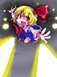 Rule 34 | 1girl, blonde hair, chibi, fang, hair ribbon, open mouth, outstretched arms, red eyes, ribbon, rumia, shinapuu, short hair, smile, solo, touhou