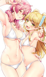 Rule 34 | armpits, asymmetrical docking, bare shoulders, bikini, blonde hair, blush, bracelet, breast press, breasts, candy, earrings, eyelashes, fangs, food, green eyes, grin, hair between eyes, hand on another&#039;s hip, heart, heart necklace, highres, hip focus, hoop earrings, idolmaster, idolmaster cinderella girls, jewelry, jougasaki mika, jougasaki rika, large breasts, lollipop, long hair, low twintails, nail polish, navel, necklace, one eye closed, open mouth, orange nails, pink hair, popsicle, purple nails, scrunchie, siblings, simple background, sisters, small breasts, smile, swimsuit, thighs, twintails, two side up, white background, white bikini, whoosaku, yellow eyes