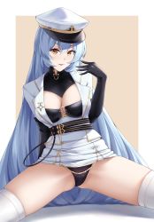 Rule 34 | 1girl, absurdres, arkhangelsk (azur lane), arm behind back, arm up, azur lane, black gloves, black panties, blue hair, breasts, brown eyes, closed mouth, coat, coat dress, elbow gloves, feet out of frame, gloves, hat, highres, light blue hair, lips, long hair, looking at viewer, medium breasts, nya cot, panties, rubber gloves, simple background, sitting, smile, solo, thighhighs, thighs, underwear, very long hair, white coat, white hat, white thighhighs