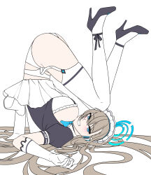 Rule 34 | 1girl, absurdly long hair, absurdres, alfie (tmdals7645), asuna (blue archive), black dress, black footwear, blue archive, blue eyes, bodice, bow, bowtie, breasts, brown hair, dress, elbow gloves, flat color, garter belt, gloves, halo, high heels, highres, large breasts, legs up, long hair, looking at another, looking to the side, lying, maid headdress, on back, open mouth, panties, smile, solo, strappy heels, thighhighs, underwear, very long hair, white gloves, white panties, white thighhighs