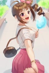 Rule 34 | 1girl, ahoge, bag, blurry, blurry background, blurry foreground, bracelet, brown hair, carrying, commentary, cotton candy, day, depth of field, drill hair, food, from behind, hair ribbon, handbag, high-waist skirt, holding, holding food, holding hands, idolmaster, idolmaster million live!, jewelry, kamille (vcx68), looking at viewer, looking back, medium hair, miniskirt, necklace, open mouth, outdoors, pink ribbon, pink skirt, pleated skirt, pov, purple eyes, ribbon, shirt, short sleeves, side drill, side ponytail, sidelocks, skirt, smile, standing, white shirt, yokoyama nao