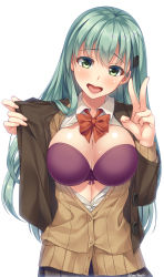 Rule 34 | 1girl, aqua hair, blazer, blush, bow, bow bra, bowtie, bra, breasts, brown cardigan, brown jacket, brown skirt, cardigan, collared shirt, commentary request, dress shirt, fingernails, green eyes, hair ornament, hairclip, head tilt, highres, imachireki, jacket, kantai collection, large breasts, long hair, looking at viewer, nail polish, open mouth, partially unbuttoned, purple bra, red bow, red bowtie, remodel (kantai collection), school uniform, shiny skin, shirt, simple background, skirt, solo, suzuya (kancolle), twitter username, underwear, v, white background, white shirt