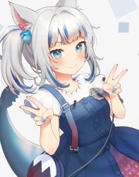 Rule 34 | 1girl, absurdres, animal ears, blue dress, blue eyes, blue hair, blue nails, blunt bangs, blush, cat ears, double v, dress, fingernails, fins, fish tail, gawr gura, gawr gura (casual), grey background, highres, hololive, hololive english, looking at viewer, multicolored hair, nail polish, noixen, shark tail, short sleeves, side ponytail, simple background, smile, solo, tail, two-tone hair, v, virtual youtuber, white hair
