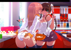 Rule 34 | 2girls, ass, bad id, bad pixiv id, baking, bare shoulders, breasts, brown hair, cleavage, cream, flour, food, kitchen, licking, long hair, multiple girls, no pants, off shoulder, one eye closed, original, panties, pink hair, school uniform, sleeves rolled up, thighhighs, thighs, tobestyle, twintails, two side up, underwear, undressing, whisk, white panties, wince, wink, yuri, zettai ryouiki