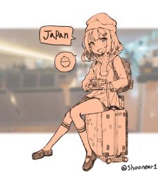 Rule 34 | 1girl, backpack, bag, blush, camera, hair ornament, hairclip, hat, highres, holding, holding camera, kneehighs, long sleeves, looking at viewer, monochrome, open mouth, original, scarf, shoonear, short hair, skirt, smile, socks, solo, speech bubble, twitter username