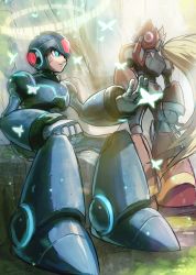 Rule 34 | 2boys, android, armor, back turned, blonde hair, blue armor, bug, butterfly, clenched hand, closed mouth, commentary, glowing, hand on own hip, helmet, highres, hoshi mikan, insect, light particles, looking at viewer, looking back, male focus, mega man (series), mega man x (series), multiple boys, outdoors, ponytail, red armor, robot, shadow, sitting, sparkle, standing, tree, x (mega man), zero (mega man)