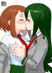 2girls asui_tsuyu asymmetrical_docking blush boku_no_hero_academia breast_press breasts brown_hair closed_eyes collared_shirt commentary english_commentary grabbing_another&#039;s_breast green_hair green_skirt grey_jacket groping hanamuko_(hana_muko) highres jacket kiss large_breasts long_hair long_sleeves looking_at_another multiple_girls necktie red_necktie shirt short_hair simple_background skirt upper_body uraraka_ochako white_background white_shirt yuri