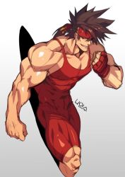 Rule 34 | 1boy, abs, artist name, ass, bara, biceps, brown hair, covered abs, gloves, gluteal fold, guilty gear, headband, large pectorals, looking at viewer, male focus, manly, muscular, muscular male, na insoo, nipples, pectoral cleavage, pectorals, ponytail, smirk, sol badguy, solo, spiked hair, thick arms, thick thighs, thighs, tight clothes, wrestling outfit, yellow eyes