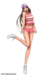 Rule 34 | 1girl, blouse, brown eyes, brown hair, fashion, full body, hat, high heels, legs, long legs, midriff, open mouth, original, pinup (style), ryu (ryu&#039;s form site), shirt, shoes, short shorts, shorts, simple background, smile, solo, striped clothes, striped shirt, tank top, white background
