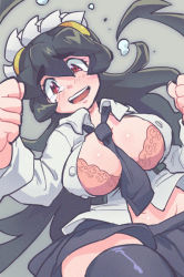 Rule 34 | 1girl, bad id, bad pixiv id, between breasts, black hair, black thighhighs, blush, breasts, clenched hands, crying, crying with eyes open, extra mouth, female focus, filia (skullgirls), full-face blush, large breasts, long hair, necktie, necktie between breasts, open clothes, open shirt, parted lips, prehensile hair, red eyes, samson (skullgirls), sanjiro (tenshin anman), school uniform, shirt, skullgirls, solo, tears, thighhighs, wardrobe malfunction, wide hips
