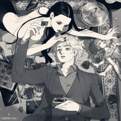 Rule 34 | 1boy, 1girl, arm up, backless outfit, box, box of chocolates, collared shirt, crying, doll, earrings, emg (christain), envelope, fish, fishbowl, flower, from above, greyscale, hand on another&#039;s head, holding, jacket, jewelry, lipstick, long hair, looking at another, looking at object, lying, makeup, monochrome, nail polish, on floor, original, record, rose, rug, shirt, tears, waistcoat