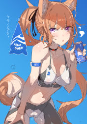 Rule 34 | 1girl, animal ears, arm support, bare arms, bare shoulders, black choker, black ribbon, blue background, blush, breasts, breath, can, character request, choker, cleavage, clothing cutout, collarbone, covered erect nipples, cowboy shot, dog ears, dog girl, dog tail, eyelashes, eyes visible through hair, gluteal fold, graphite (medium), hair between eyes, hair ribbon, hand up, hanging breasts, high ponytail, holding, holding can, leaning forward, legs apart, long hair, looking at viewer, medium breasts, mixed media, navel, orange hair, original, outdoors, parted lips, ponytail, purple eyes, ribbon, shade, simple background, sketch, sleeveless, solo, standing, stomach, sweat, nervous sweating, tail, tajima ryuushi, tassel, traditional media, translated, underboob cutout, very long hair
