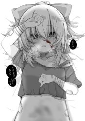Rule 34 | 1girl, bandages, bandaged arm, bandages, bandaid, bandaid on face, bandaid on hand, blood, blood on face, nosebleed, bow, breasts, breath, bruise, cropped shirt, gauze, hair bow, hand on own chest, highres, injury, lying, monochrome, mushoku loli, mushoku loli (character), nosebleed, on back, original, short sleeves, small breasts, spot color, stomach, strap slip, translation request