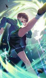 Rule 34 | 1girl, bike shorts under skirt, brown hair, commentary request, fighting stance, foot out of frame, green jacket, high kick, highres, jacket, kicking, leg up, light particles, long sleeves, looking at viewer, open mouth, persona, persona 4, pleated skirt, satonaka chie, school uniform, short hair, skirt, socks, solo, standing, standing on one leg, track jacket, white socks, yasogami school uniform, yono 999