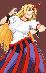 Rule 34 | 1girl, blonde hair, blue skirt, breasts, brown background, cowboy shot, cuffs, highres, horns, hoshiguma yuugi, kakone, large breasts, long hair, looking to the side, one-hour drawing challenge, oni horns, open mouth, pointy ears, red eyes, shackles, shirt, short sleeves, simple background, single horn, skirt, smile, solo, standing, star (symbol), striped legwear, teeth, touhou, white shirt