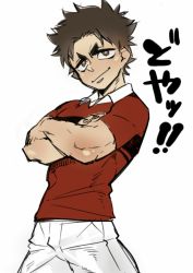 Rule 34 | 10s, 1boy, all out!!, brown hair, closed mouth, crossed arms, gion kenji, highres, looking at viewer, male focus, rugby uniform, smile, solo, sportswear, thick eyebrows, torawar