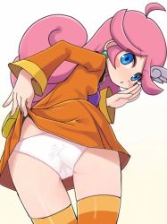 Rule 34 | ahoge, ass, blue eyes, blush stickers, cameltoe, curly hair, dress, earrings, from behind, gradient background, jewelry, lifting own clothes, looking at viewer, looking back, orange dress, orange legwear, panties, pink hair, puyopuyo, puyopuyo fever, raffina (puyopuyo), short dress, stupa13a, thigh gap, thighhighs, underwear, white panties, wing hair ornament
