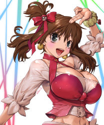 Rule 34 | 1girl, amania orz, arm up, blush, bow, breasts, brown hair, cleavage, commentary request, creatures (company), dated, earrings, game freak, hair bow, hair ribbon, heart, highres, jewelry, large breasts, may (pokemon), medium hair, midriff, navel, nintendo, open mouth, poke ball hair ornament, pokemon, pokemon oras, red bow, red ribbon, ribbon, scrunchie, shiny skin, short ponytail, side ponytail, sidelocks, smile, solo, twitter username, wrist scrunchie