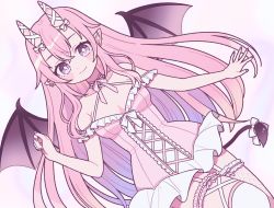 Rule 34 | 1girl, bow, breasts, commission, demon wings, dress, ear piercing, earrings, emma (kumaema), highres, horn bow, horn ornament, horns, jewelry, long hair, medium breasts, nail polish, original, piercing, pink dress, pink hair, pink ribbon, pixiv commission, pointy ears, purple eyes, purple nails, ribbon, simple background, solo, thighhighs, white background, white bow, white thighhighs, wings