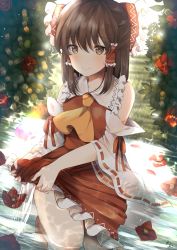 Rule 34 | 1girl, ascot, backlighting, barefoot, blurry, blush, bow, brown eyes, brown hair, bush, camellia, commentary request, day, depth of field, detached sleeves, flower, frilled skirt, frills, grass, hair between eyes, hair bow, hair tubes, hakurei reimu, half updo, highres, in water, kneeling, looking at viewer, miri (miri0xl), outdoors, red skirt, red vest, ribbon-trimmed sleeves, ribbon trim, sidelocks, signature, skirt, skirt set, smile, solo, touhou, vest, wet, wet clothes, wringing clothes, yellow ascot
