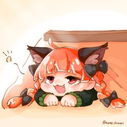 Rule 34 | 1girl, :3, ahoge, animal ear fluff, animal ears, black bow, blunt bangs, blush, bow, braid, cat ears, chibi, dress, extra ears, fang, hair bow, half-closed eyes, highres, kaenbyou rin, kotatsu, long sleeves, looking at viewer, mame komari, open mouth, pointy ears, red eyes, red hair, slit pupils, smile, solo, table, touhou, twin braids, twitter username, under kotatsu, under table, warming