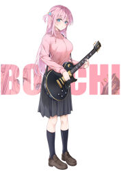Rule 34 | 1girl, absurdres, black skirt, black socks, blush, bocchi the rock!, breasts, character name, cube hair ornament, electric guitar, full body, gibson les paul, gotoh hitori, guitar, hair ornament, highres, holding, holding instrument, instrument, jacket, kneehighs, large breasts, looking at viewer, one side up, pink hair, pink jacket, pleated skirt, school uniform, simple background, skirt, socks, solo, track jacket, yoru0409, zoom layer