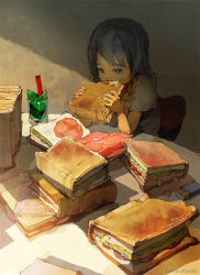 Rule 34 | 1girl, black hair, book, brown eyes, commentary request, cup, demizu posuka, drinking glass, eating, original, sandwich, sitting, solo, tears