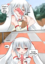 Rule 34 | 10s, :p, androgynous, animal ears, blush, catstudioinc (punepuni), comic, food, gender request, grey hair, half-closed eyes, highres, holding another&#039;s arm, holding own arm, kyubey, left-to-right manga, looking at viewer, mahou shoujo madoka magica, mahou shoujo madoka magica (anime), personification, phallic symbol, popsicle, red eyes, sexually suggestive, thai text, tongue, tongue out, translation request, wing collar