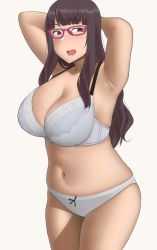 Rule 34 | 1girl, armpits, black hair, bra, breasts, cleavage, commentary request, glasses, highres, large breasts, long hair, looking to the side, midriff, mole, navel, open mouth, original, panties, raised eyebrows, ryokucha michi, simple background, skindentation, smile, solo, standing, thighs, underwear, white bra, white panties, yellow background