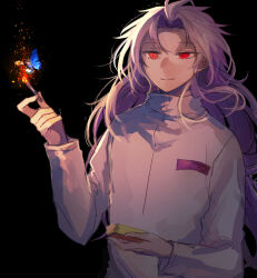 Rule 34 | 1boy, black background, blue butterfly, bug, burning, butterfly, commentary, fumi (rdbm), hatsutori hajime, highres, holding, holding matchstick, insect, jacket, long hair, long sleeves, looking at animal, male focus, matchbox, matches, parted bangs, purple hair, red eyes, saibou shinkyoku, simple background, smile, solo, symbol-only commentary, upper body, white jacket