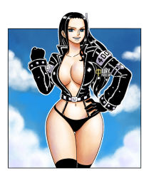 Rule 34 | 1girl, breasts, cleavage, curvy, hand on own hip, iury padilha, jacket, large breasts, legs, looking at viewer, navel, nico robin, no bra, one piece, open clothes, open jacket, smile, solo, thick thighs, thighs
