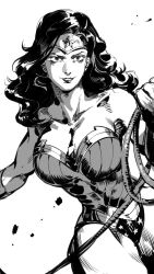 Rule 34 | 1girl, bare shoulders, bracer, breasts, cowboy shot, dc comics, greyscale, headband, highres, holding, large breasts, lasso, lasso of truth, leotard, looking at viewer, medium hair, monochrome, parted lips, ruukii drift, simple background, smile, solo, standing, toned, white background, wonder woman, wonder woman (series)