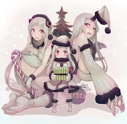 Rule 34 | 10s, 3girls, abyssal ship, airfield princess, arm warmers, ass, bare shoulders, blush, boots, box, breasts, candy, candy cane, christmas tree, claws, cleavage, collar, collarbone, dress, food, fur trim, gift, gift box, gloves, hat, highres, horns, kantai collection, large breasts, long hair, looking at viewer, multiple girls, northern ocean princess, pale skin, red eyes, ribbed dress, santa hat, seaport princess, shadow, sideboob, single horn, size difference, snowing, surprised, walzrj, white dress, white footwear, white gloves, white hair, white legwear