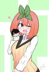 Rule 34 | 1girl, ;d, blue eyes, blush, breasts, collared shirt, commentary request, dress shirt, eyebrows hidden by hair, go-toubun no hanayome, green background, green ribbon, hair between eyes, hair ribbon, hand puppet, hand up, heart, highres, kujou karasuma, long sleeves, looking at viewer, medium breasts, nakano yotsuba, one eye closed, open mouth, orange hair, puppet, ribbon, shirt, signature, smile, solo, sweater vest, two-tone background, uesugi fuutarou, upper body, white background, white shirt