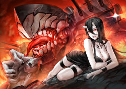 Rule 34 | 10s, 1girl, abyssal ship, bare arms, battleship princess, black dress, black nails, breasts, cleavage, collar, dress, fire, horns, kantai collection, large breasts, looking at viewer, nail polish, pale skin, patipat asavasena, personification, red eyes, short dress, skin-covered horns, smile, solo, thigh strap, tongue, tongue out, wristband