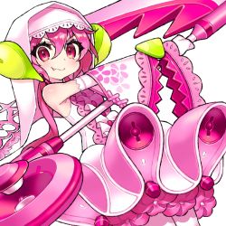 Rule 34 | 1girl, album cover, bare shoulders, blush, closed mouth, cover, detached sleeves, dress, elbow gloves, eyebrows, eyelashes, fang, fang out, flat chest, gloves, habit, hair between eyes, holding, holding scythe, holding weapon, itsumo nokoru, long sleeves, looking at viewer, original, pink eyes, pink hair, pink theme, scythe, short hair, simple background, sleeveless, sleeveless dress, smile, solo, weapon, white background, white dress, white gloves, wide sleeves
