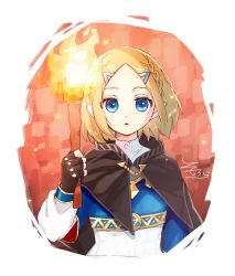 Rule 34 | 1girl, blonde hair, blue cape, blue eyes, blue tunic, braid, brown cape, brown gloves, cape, commentary, cropped torso, crown braid, fingerless gloves, forehead, gloves, hair ornament, hairclip, hand up, highres, holding, holding torch, hood, hood down, long sleeves, looking at viewer, multicolored cape, multicolored clothes, nintendo, parted bangs, parted lips, pointy ears, princess zelda, puffy long sleeves, puffy sleeves, short hair, signature, sofra, solo, the legend of zelda, the legend of zelda: breath of the wild, the legend of zelda: tears of the kingdom, torch