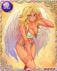 Rule 34 | 1girl, angel, angel wings, bare arms, bare legs, bare shoulders, bastard!!, bikini, blonde hair, blue eyes, breasts, card (medium), cleavage, feathers, large breasts, legs, long hair, looking at viewer, michael (bastard!!), mobage, serious, simple background, solo, standing, swimsuit, thighs, wings
