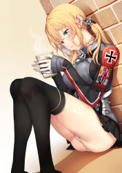 Rule 34 | 10s, 1girl, against wall, anchor hair ornament, ass, black skirt, black thighhighs, blonde hair, blue eyes, blush, breasts, coffee mug, cross, cup, dutch angle, gloves, hair ornament, holding, holding cup, iron cross, kantai collection, large breasts, light smile, long sleeves, low twintails, miniskirt, mug, panties, pantyshot, parted lips, pleated skirt, prinz eugen (kancolle), short hair, sitting, skirt, solo, steam, thighhighs, thighs, twintails, underwear, upskirt, white gloves, white panties, yappen, yatsu (sasuraino)