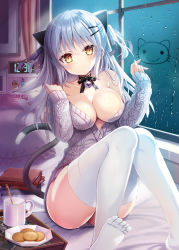 Rule 34 | 1girl, alarm clock, animal ears, aran sweater, areola slip, bad feet, bare shoulders, bedroom, breasts, cable knit, cat ears, cat tail, choker, cleavage, clock, collarbone, condensation, grey hair, hair between eyes, hair ornament, hairclip, highres, long hair, long sleeves, looking at viewer, medium breasts, original, ribbon choker, shiwasu horio, solo, sweater, tail, thighhighs, two side up, white thighhighs, window, yellow eyes
