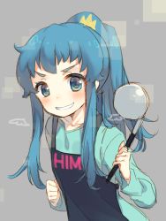 Rule 34 | 10s, 1girl, apron, aqua shirt, blue eyes, blue hair, character name, clothes writing, eyebrows, furrowed brow, happinesscharge precure!, ladle, long hair, matching hair/eyes, precure, shirayuki hime, shirt, smile, solo, yamucha