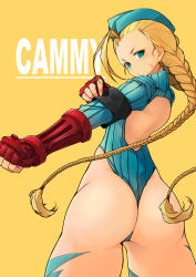 Rule 34 | .sin, 1girl, adjusting clothes, antenna hair, aqua eyes, armband, ass, back, back cutout, blonde hair, blue hat, blue leotard, blush, braid, cammy white, character name, clenched hand, closed mouth, clothing cutout, commentary request, cowboy shot, elbow gloves, fingerless gloves, from behind, gloves, hat, highleg, highleg leotard, highres, leotard, long hair, looking at viewer, looking back, outstretched arm, red gloves, scar, scar on face, solo, street fighter, striped, text background, twin braids, vertical stripes, very long hair, yellow background