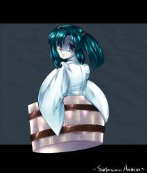 Rule 34 | 1girl, bad id, bad pixiv id, bucket, copyright name, female focus, green eyes, green hair, hair bobbles, hair ornament, in bucket, in container, japanese clothes, kimono, kisume, letterboxed, looking back, mkz, pale skin, solo, touhou, twintails, wide sleeves, yukata